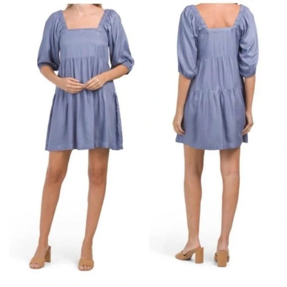 Hunter & Brown Tiered Light Blue Baby Doll Mini Dress Size S